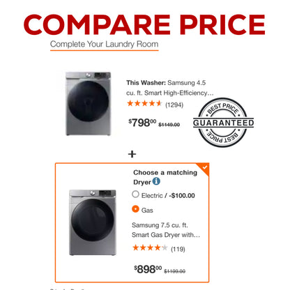 ★ Samsung Open Box 4.5 cu. ft. Smart High-Efficiency Front Load Washer with Super Speed  & 7.5 cu. ft. Smart Stackable Vented electric Dryer with Steam Sanitize+ in champagne 27 in WD639