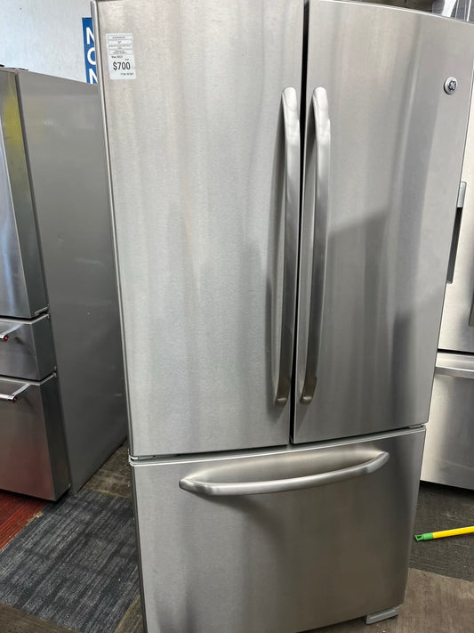 ^ Item #RF38P GE french door refrigerator stainless steel w/ ice  dispenser inside 33” in