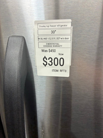 Crosley Top Freezer Refrigerator 30” stainless steel