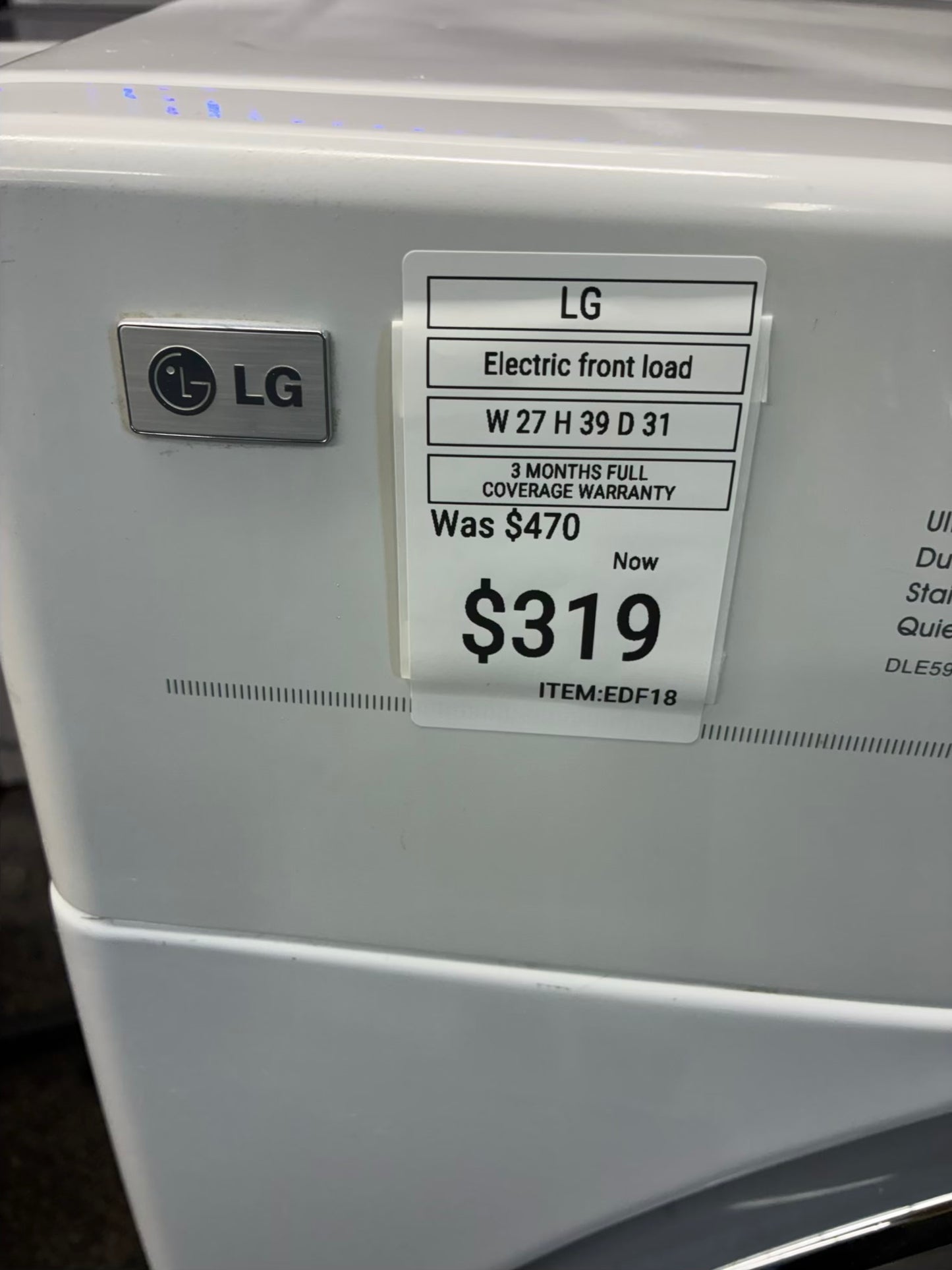 LG Electric Dryer 27”  white front load