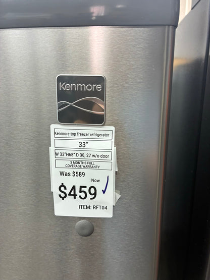 Kenmore top freezer refrigerator stainless steel 33”