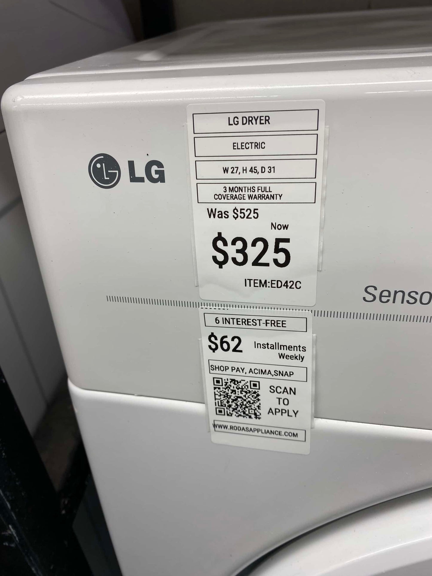 ITEM #ED42C LG front load electric dryer 220v large capacity stackable 27”