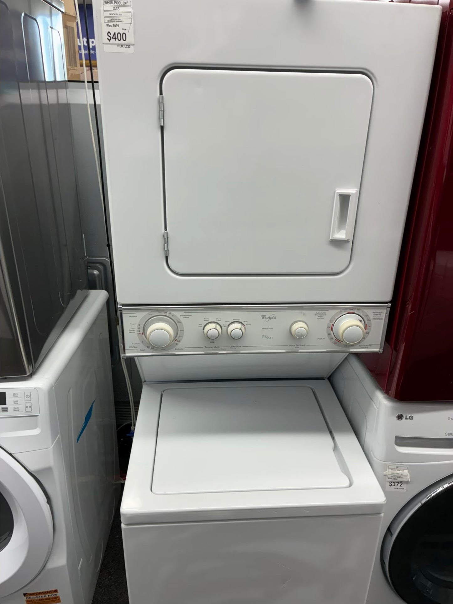 Whirlpool laundry center  washer and dryer set gas stackable 24”