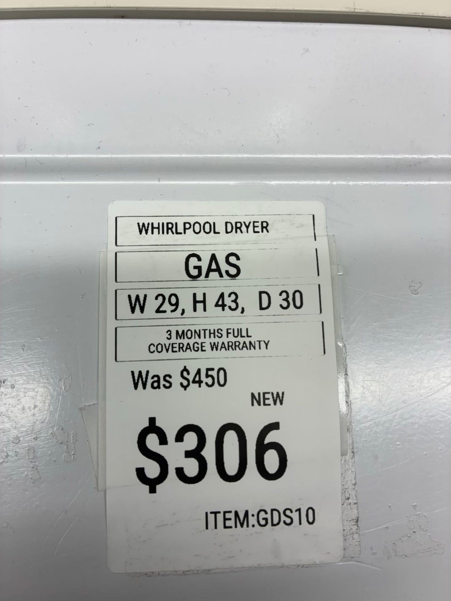 Whirlpool gas dryer 29” large capacity white