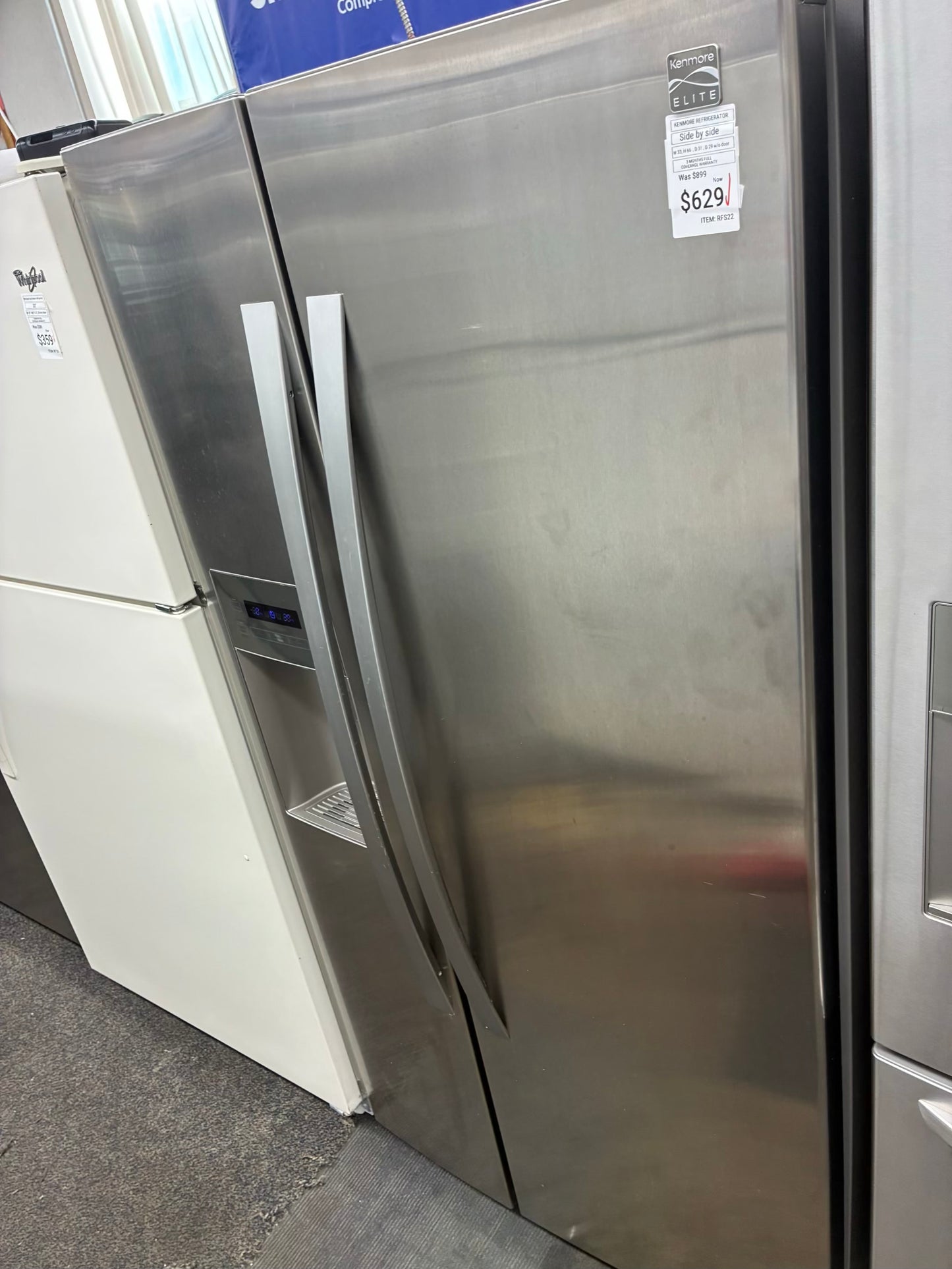 Kenmore side by side refrigerator stainless steel 33” ice maker water dispenser