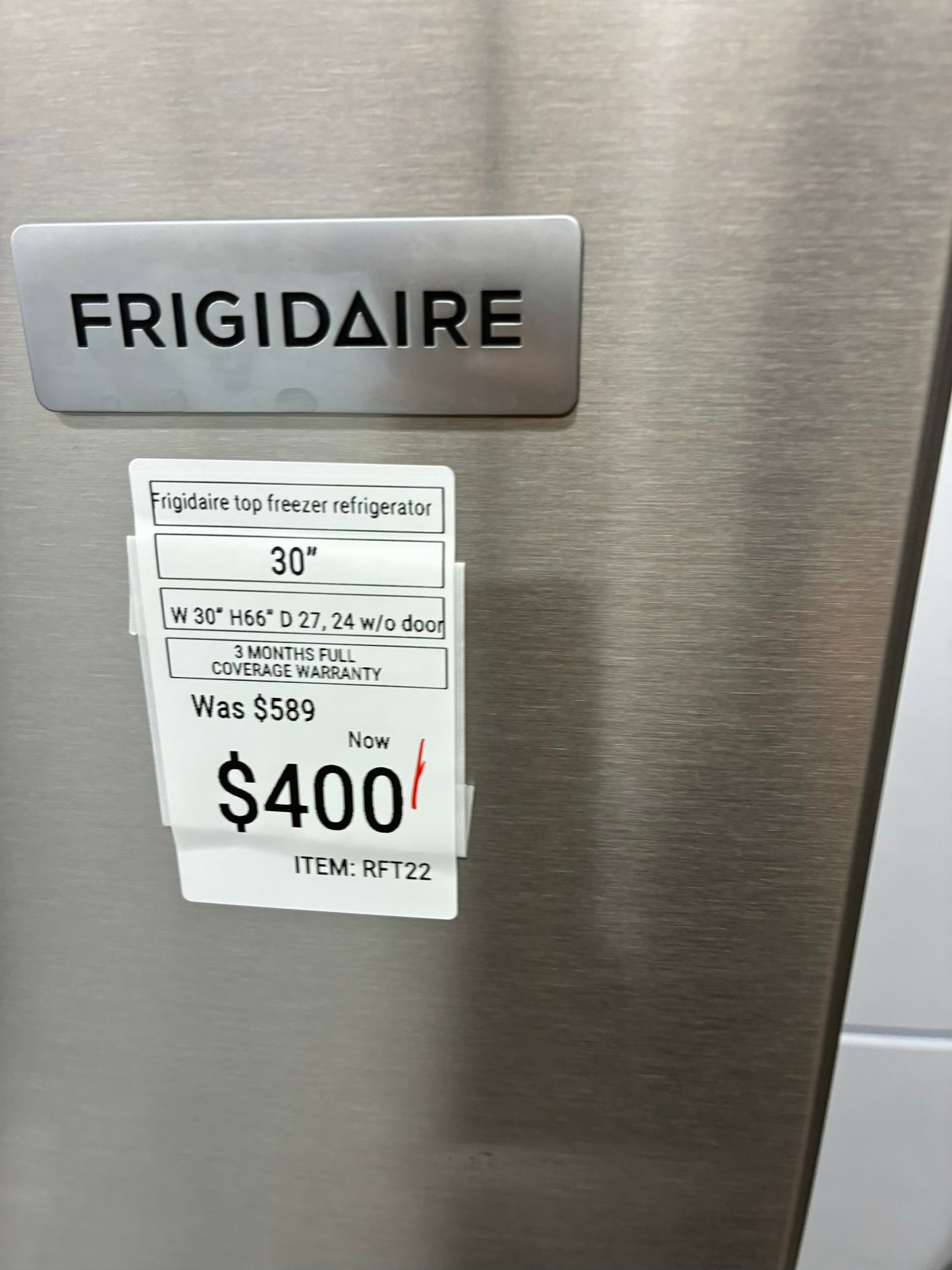 Frigidaire top freezer refrigerator stainless steel 30”