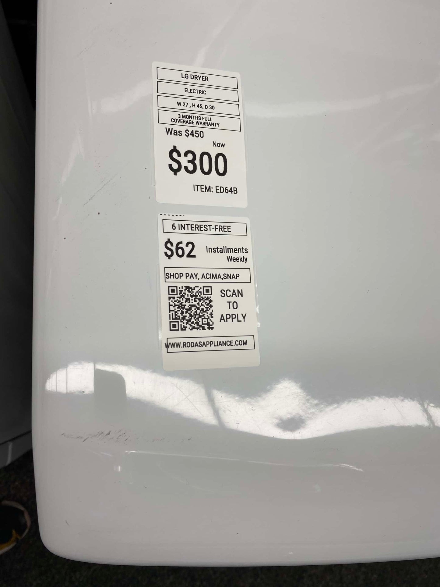 . ITEM #ED64B  LG electric dryer large capacity side x side 27”