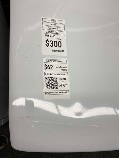 . ITEM #ED64B  LG electric dryer large capacity side x side 27”