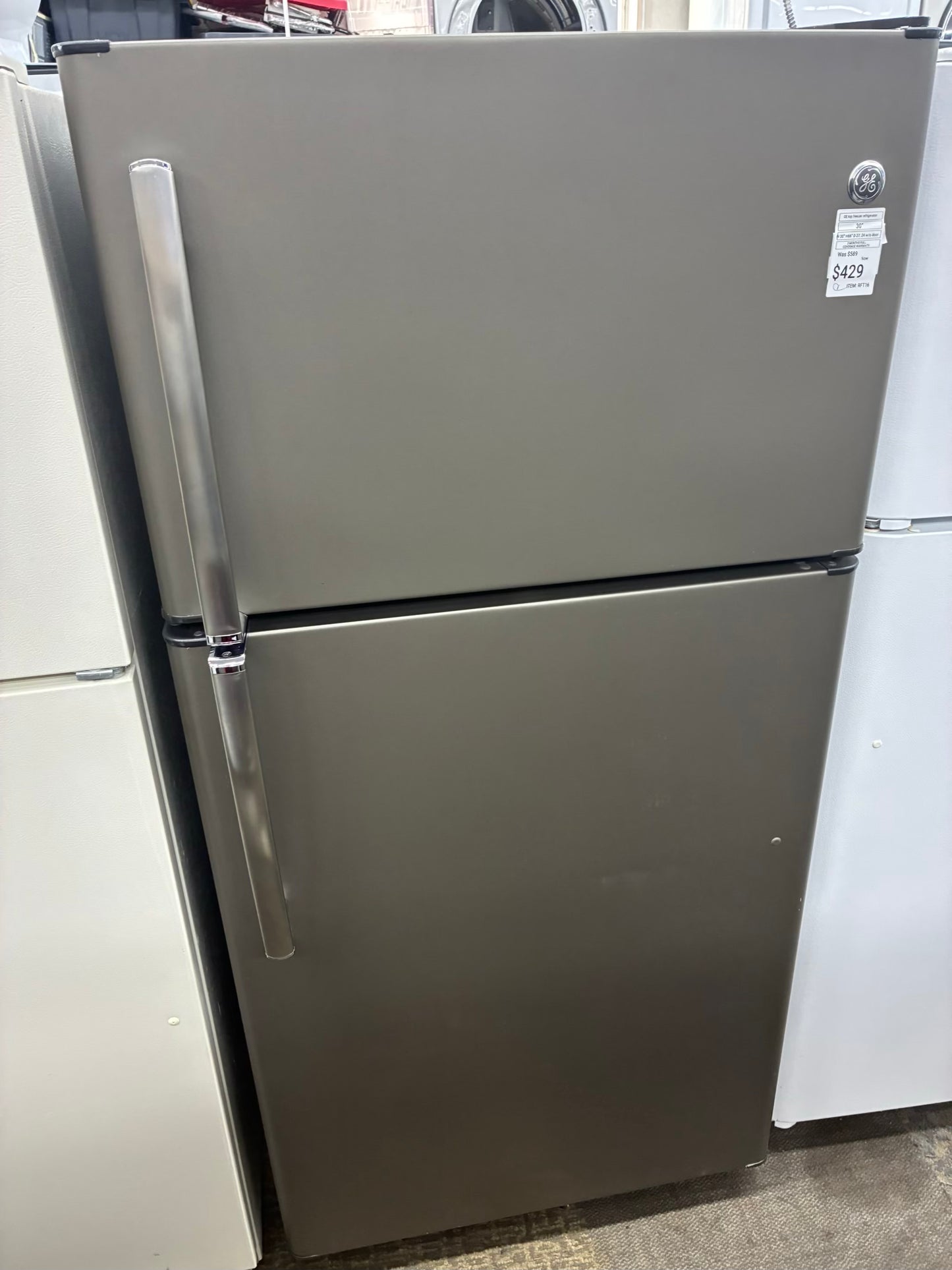 GE top freezer refrigerator stainless 30”
