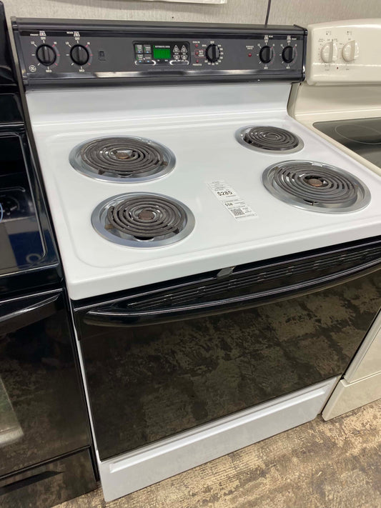 - Item: #ER43Y GE electric 220v range 4 burner  coil black & white 30 in