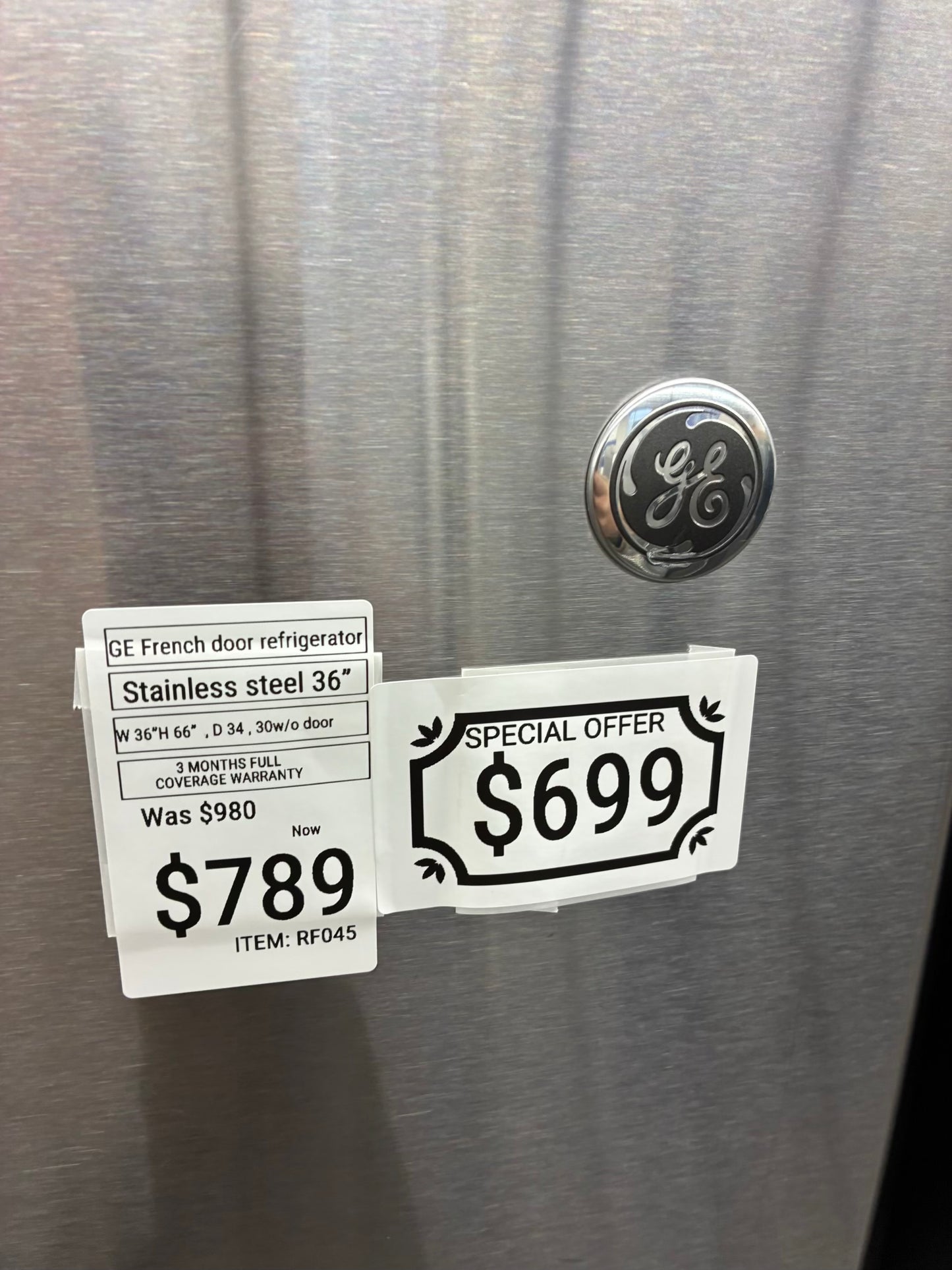 GE French door refrigerator stainless steel 36” ice maker water dispenser