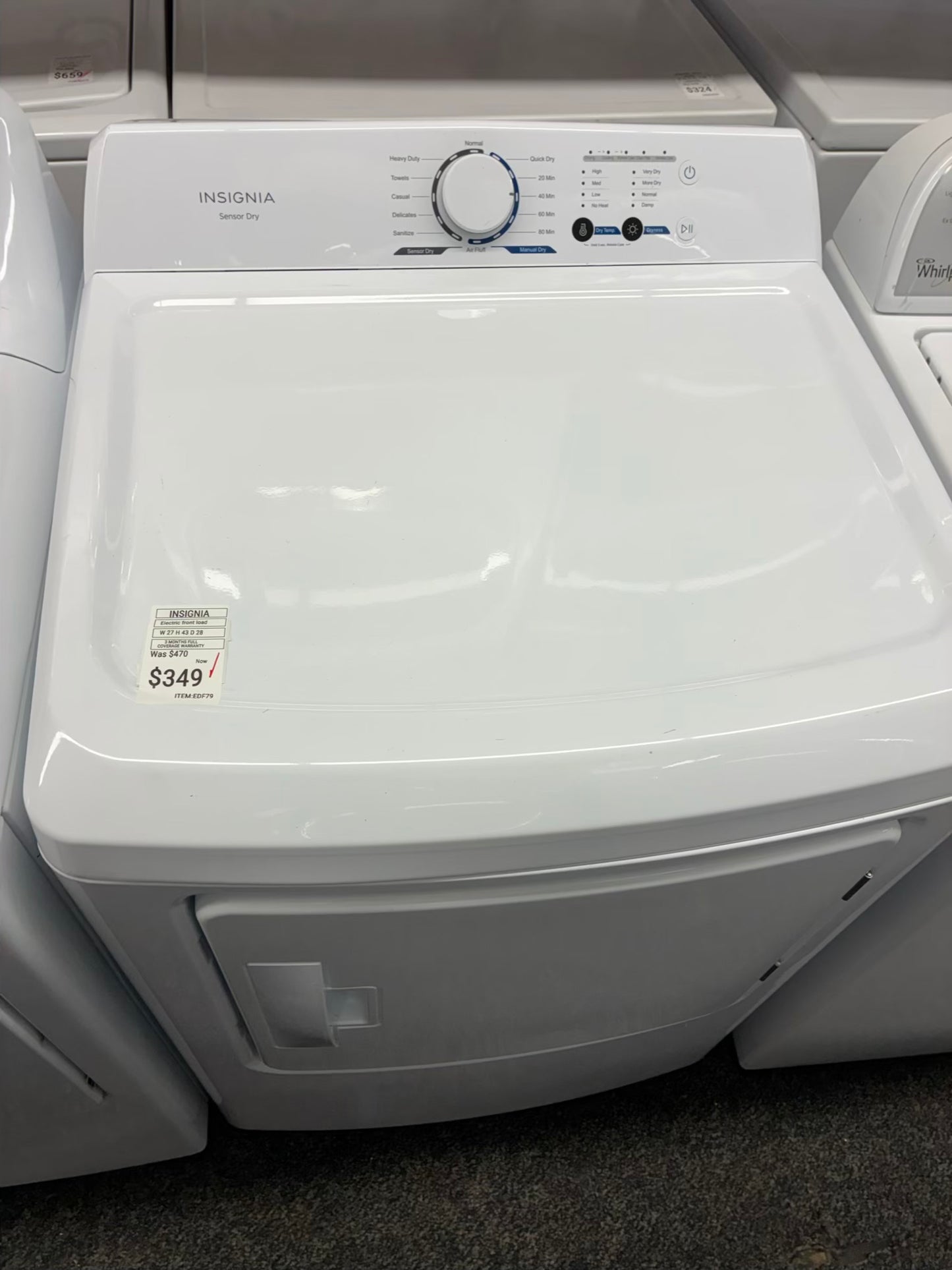Insignia electric dryer 27” large capacity white