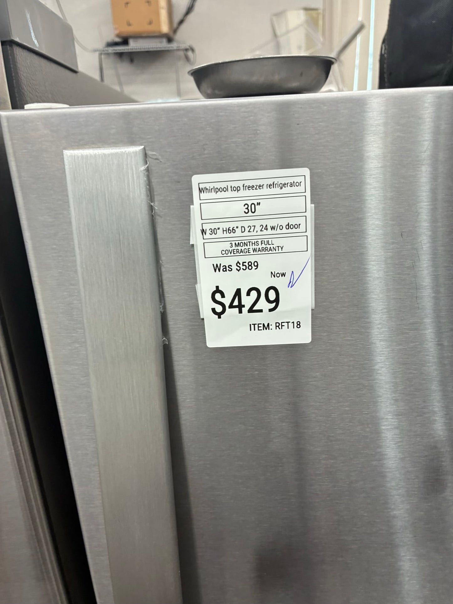 Whirlpool  top freezer refrigerator stainless steel 30”