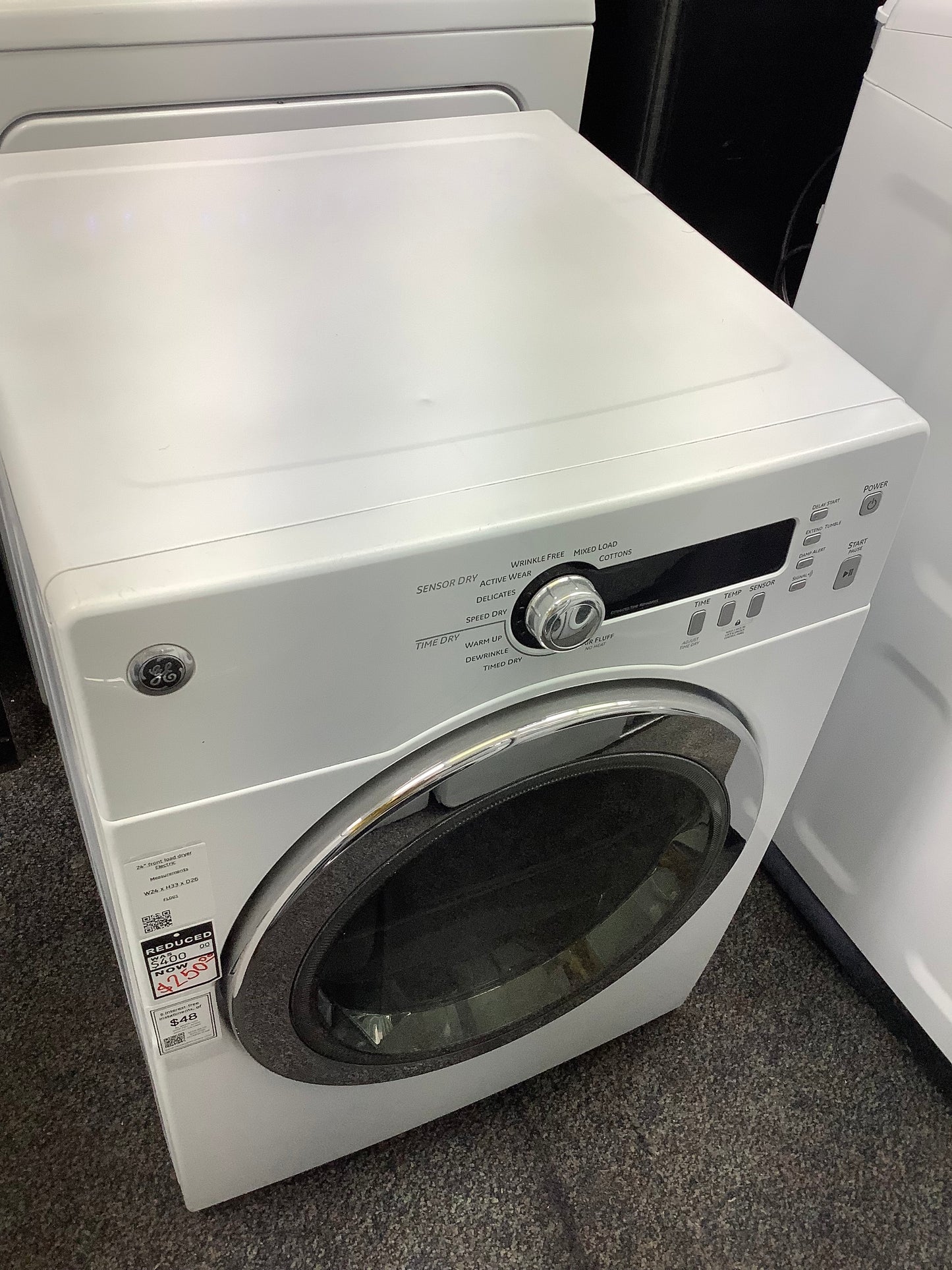 Ge electric dryer front load apartment size 24” white stainless steel Drom