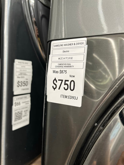 ^ ITEM #ED93J Samsung front load electric washer and dryer 220v  stackable large capacity stainless steel drum 27 in D