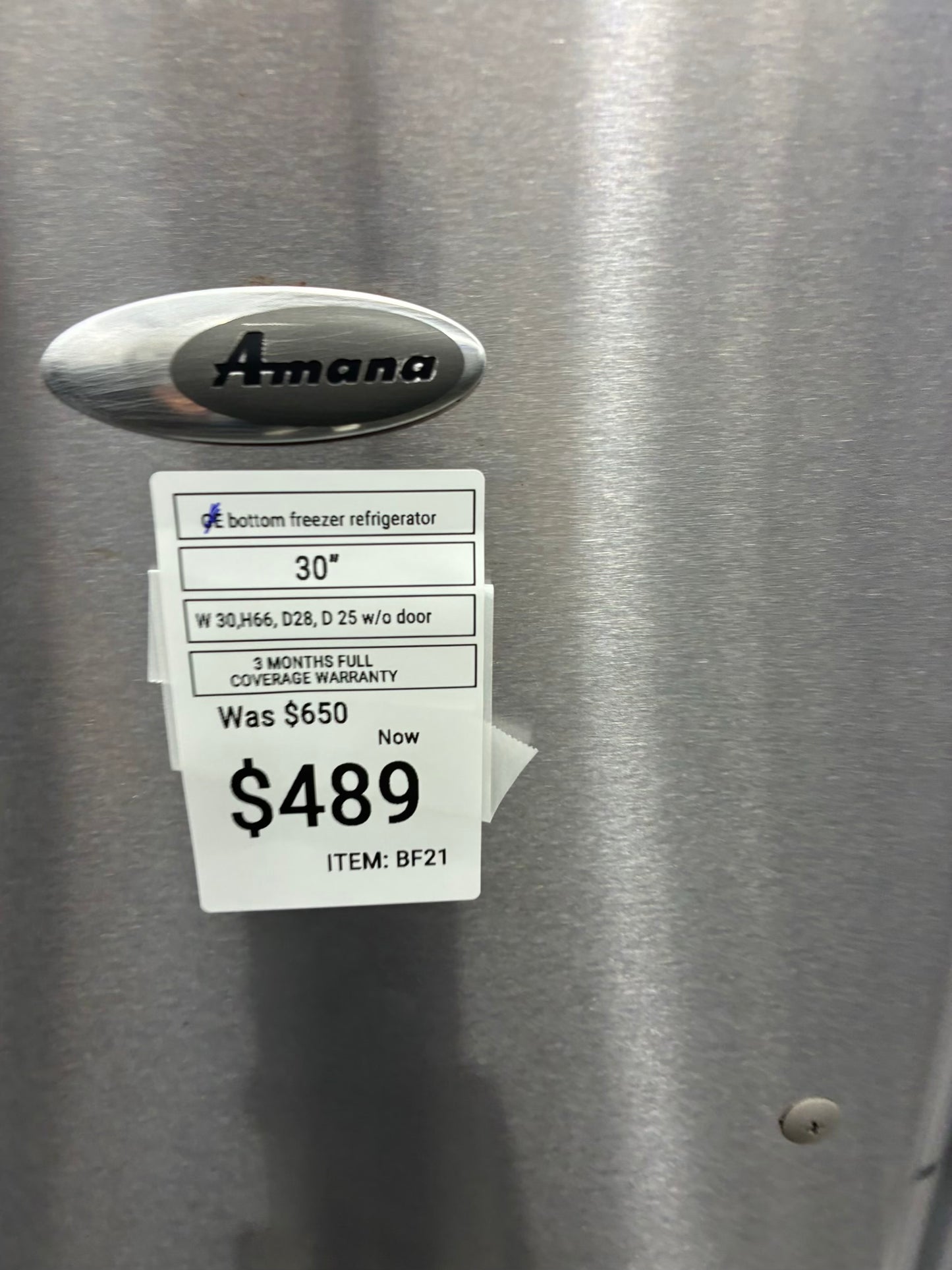Amana bottom freezer refrigerator stainless steel 30”