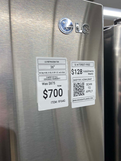 Item: #RF64G LG French door refrigerator stainless steel w/water ice dispenser 36 in.