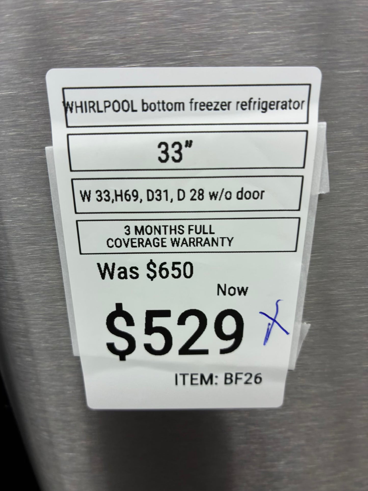 Whirlpool bottom freezer refrigerator stainless steel 33”