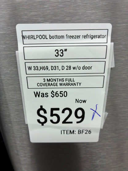 Whirlpool bottom freezer refrigerator stainless steel 33”