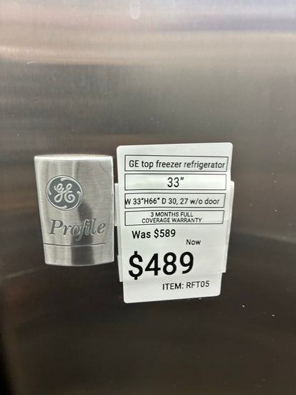 GE top freezer refrigerator stainless steel 33”