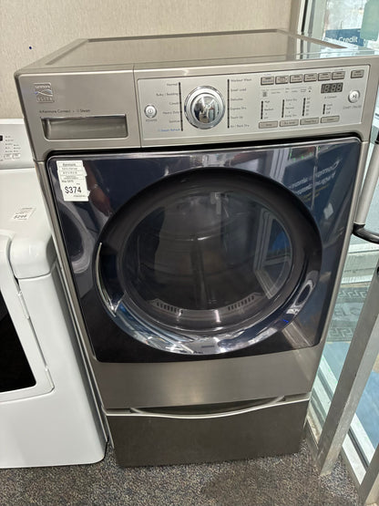 Kenmore  Electric Dryer 27”  white front load with pedestal