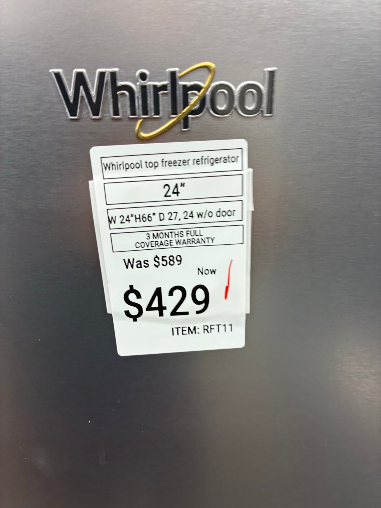 Whirlpool top freezer refrigerator stainless steel 24”