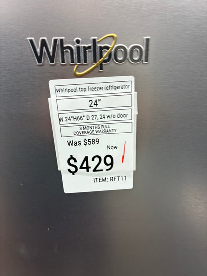 Whirlpool top freezer refrigerator stainless steel 24”