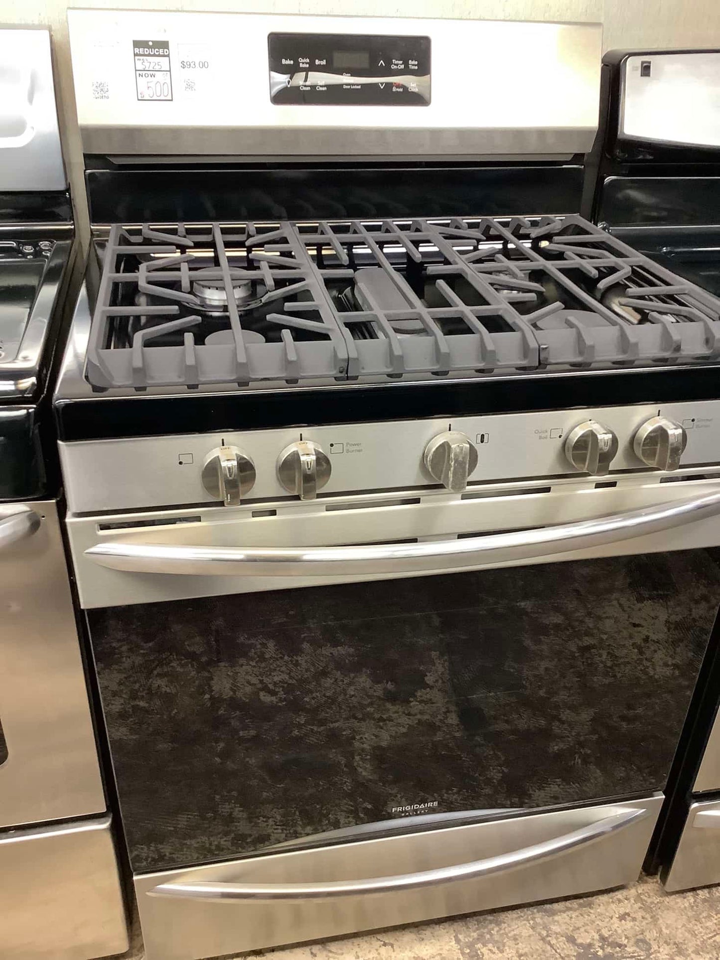 “Frigidaire gas range double oven stainless steel 5 burner bake broil convection 30 in