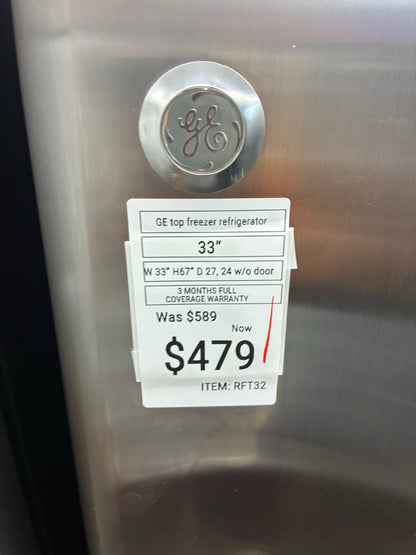 GE top freezer refrigerator stainless steel 33”