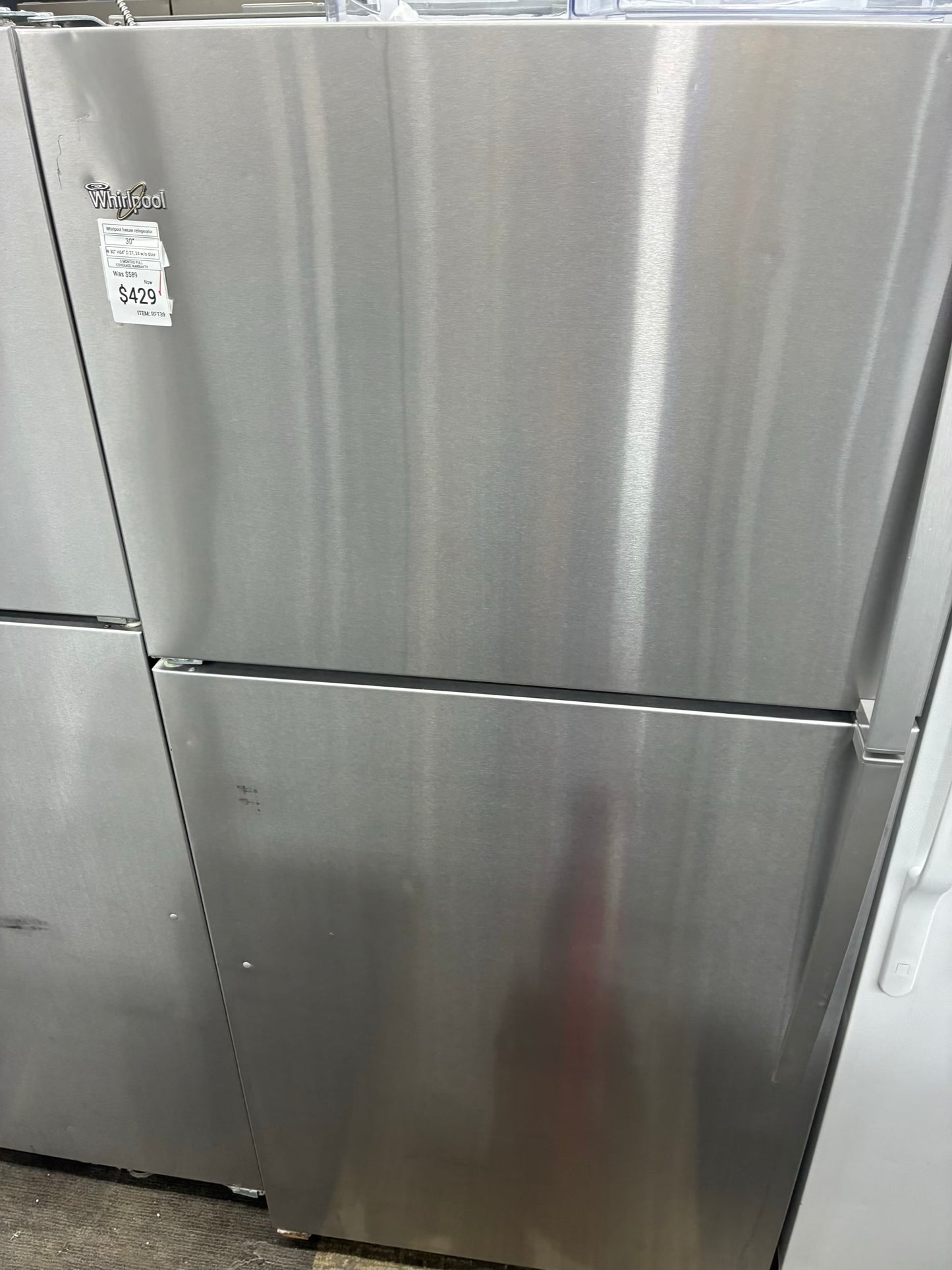 Whirlpool top freezer refrigerator white 30”