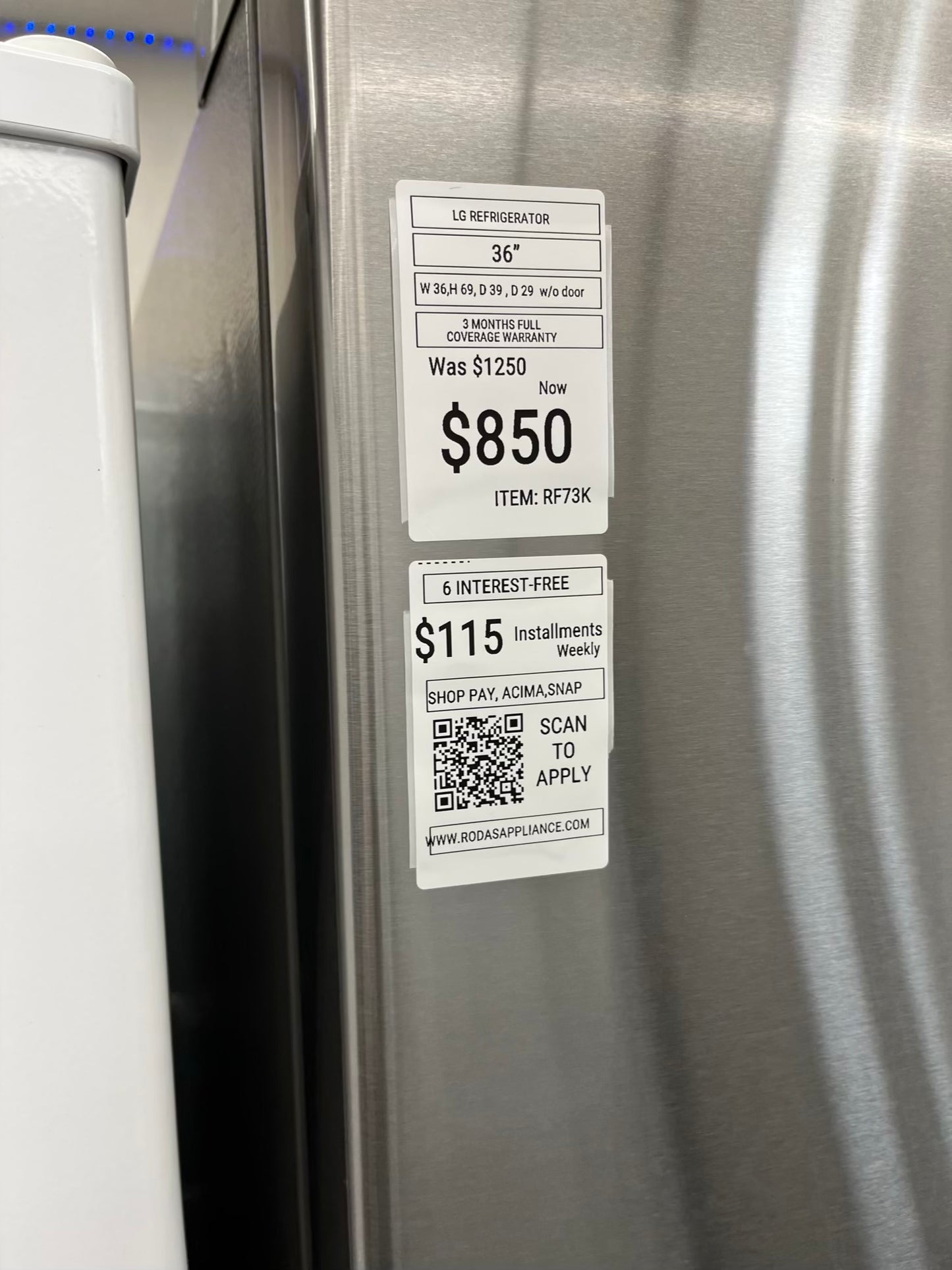 - ITEM: #RF73k LG french door refrigerator stainless steel 36” with water dispenser and ice maker inside