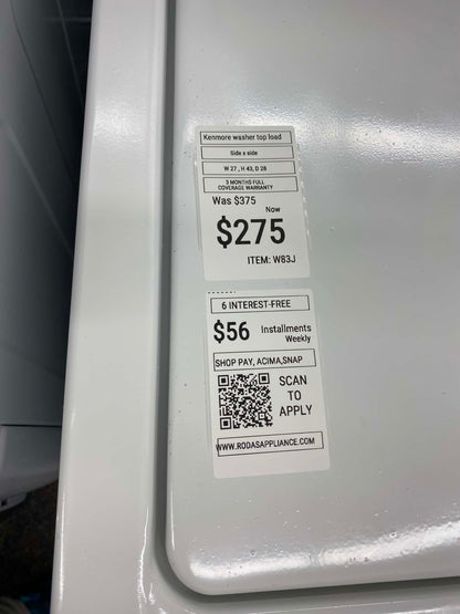 - ITEM #W83J kenmore top load washer machine 27”