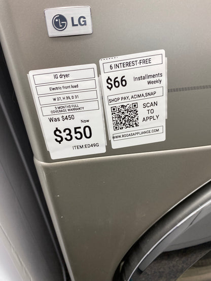 . ITEM #ED49G LG front load electric dryer 220v  stackable large capacity stainless steel drum 27 in D