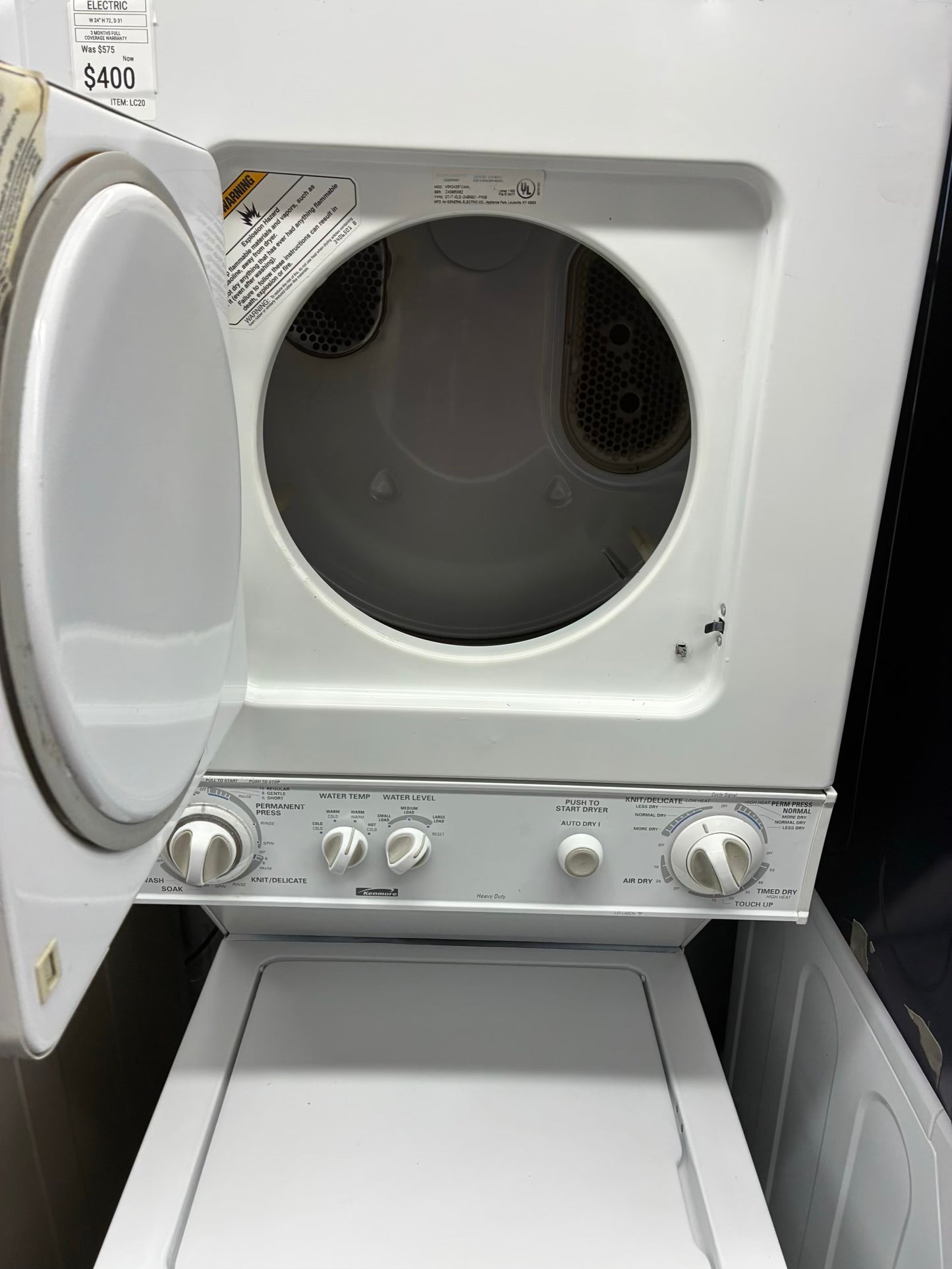Kenmore  laundry center  washer and dryer set electric stackable 24”
