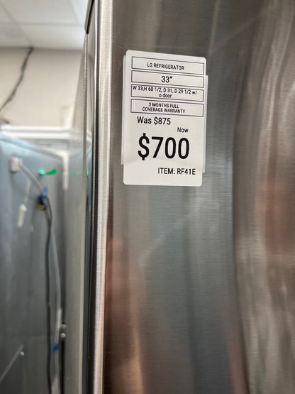 ^ Item #RF41E LG french door refrigerator counter depth stainless steel w/ ice and water dispenser inside 36’ in