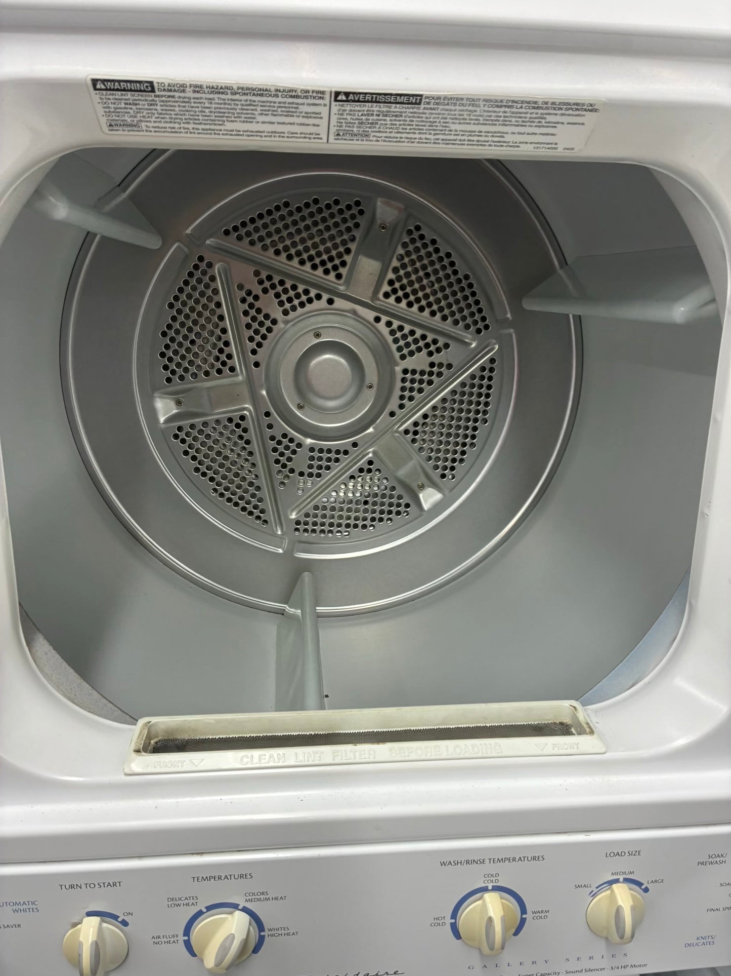 Frigidaire laundry center  washer and dryer set gas stackable 27”