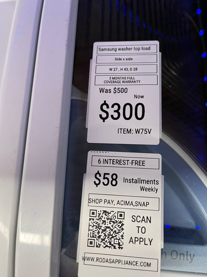 ^ ITEM #W75V Samsung  top load washer  large capacity side x side 27”