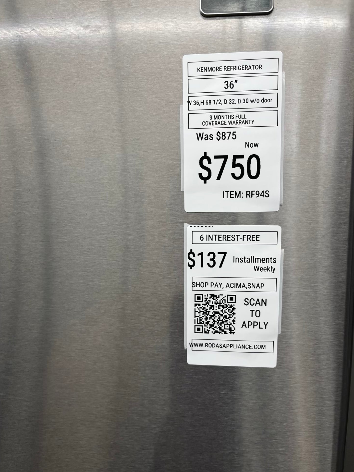 ^ Item: #RF94S kenmore french door refrigerator stainless steel w/water ice dispenser 36 in