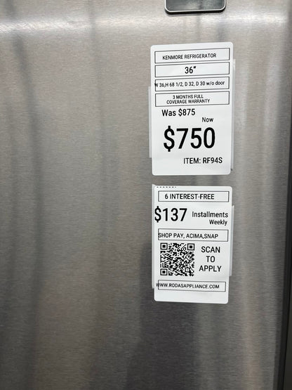 ^ Item: #RF94S kenmore french door refrigerator stainless steel w/water ice dispenser 36 in