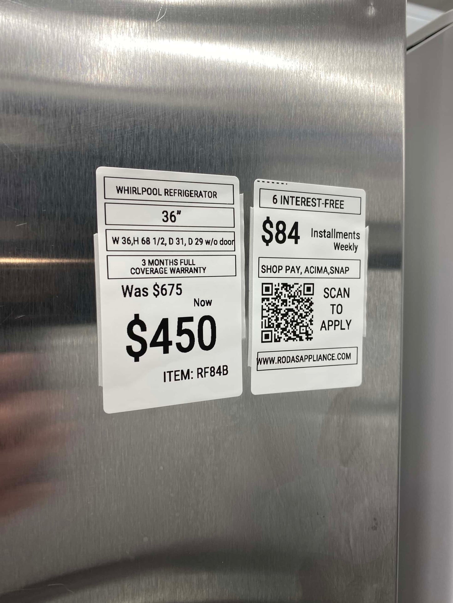 - ITEM: #RF84B  Whirlpool side x side refrigerator 36” stainless steel