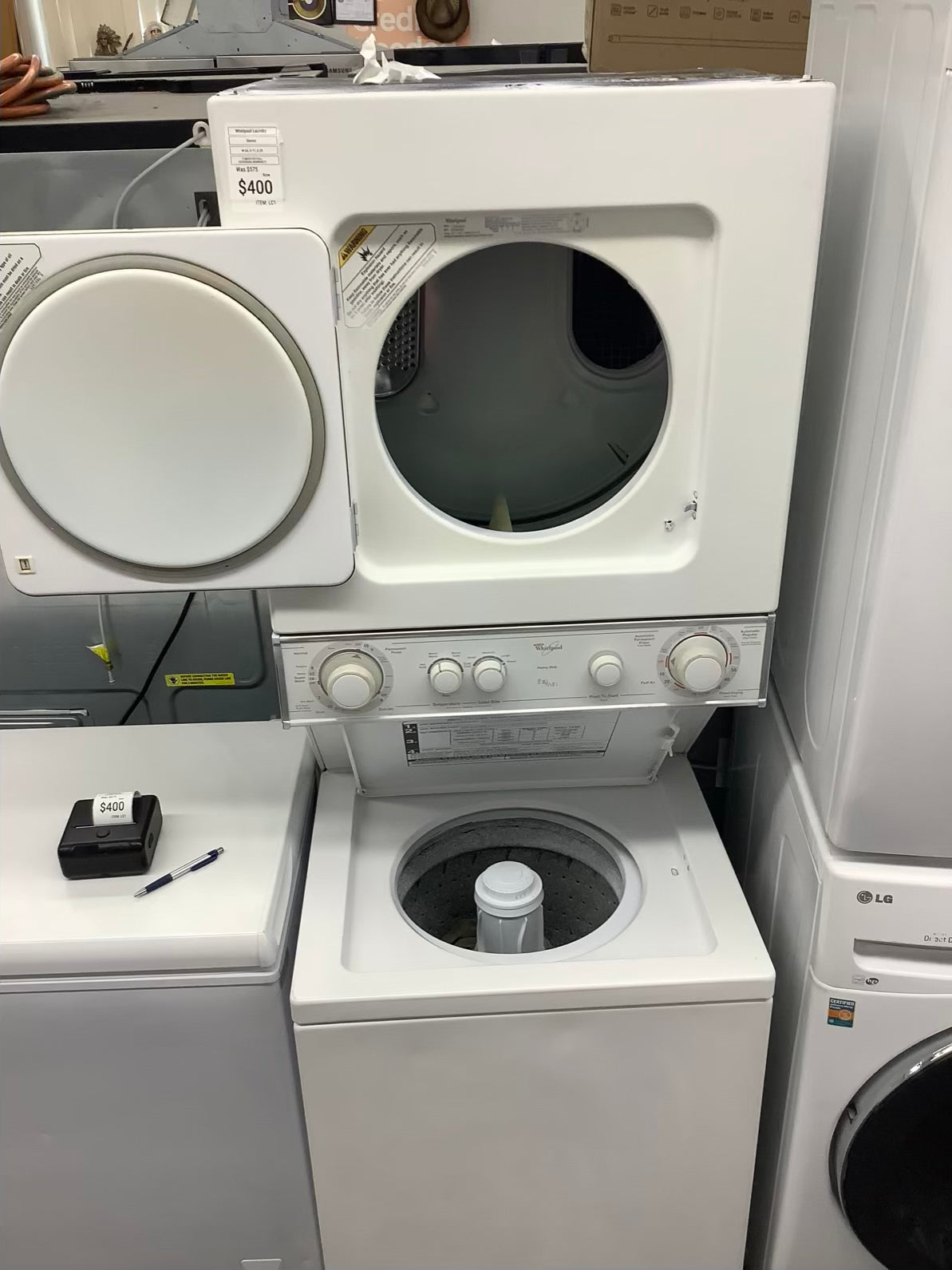 whirlpool laundry center  washer and dryer set gas stackable 24”