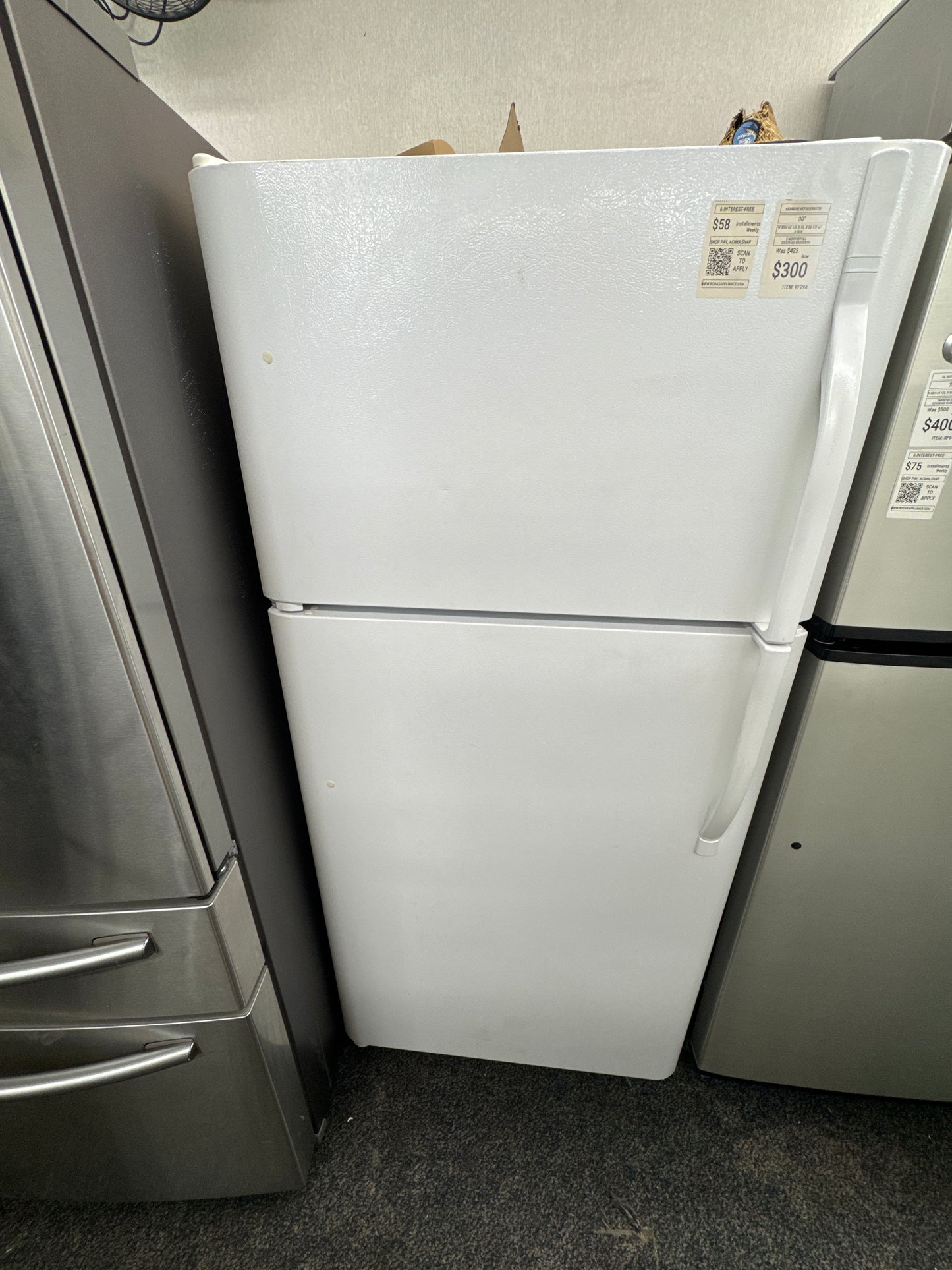 ITEM: #RF29A kenmore top  freezer white refrigerator  30” in