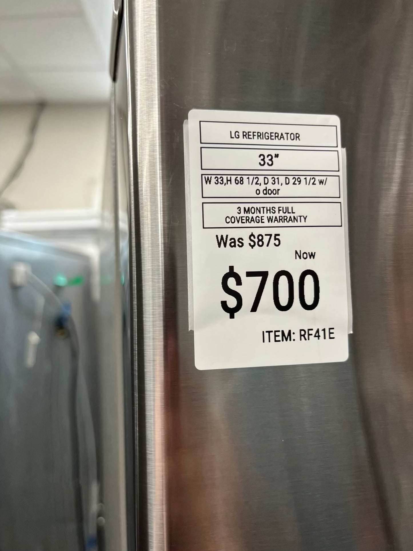 ^ Item #RF41E LG french door refrigerator counter depth stainless steel w/ ice and water dispenser inside 36’ in