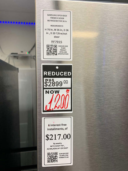 🔥 HOT DEAL ★ Samsung Open Box 31 cu. ft. Mega Capacity 3-Door French Door Refrigerator with Four Types of Ice in Stainless Steel 36 in Depth RF7915