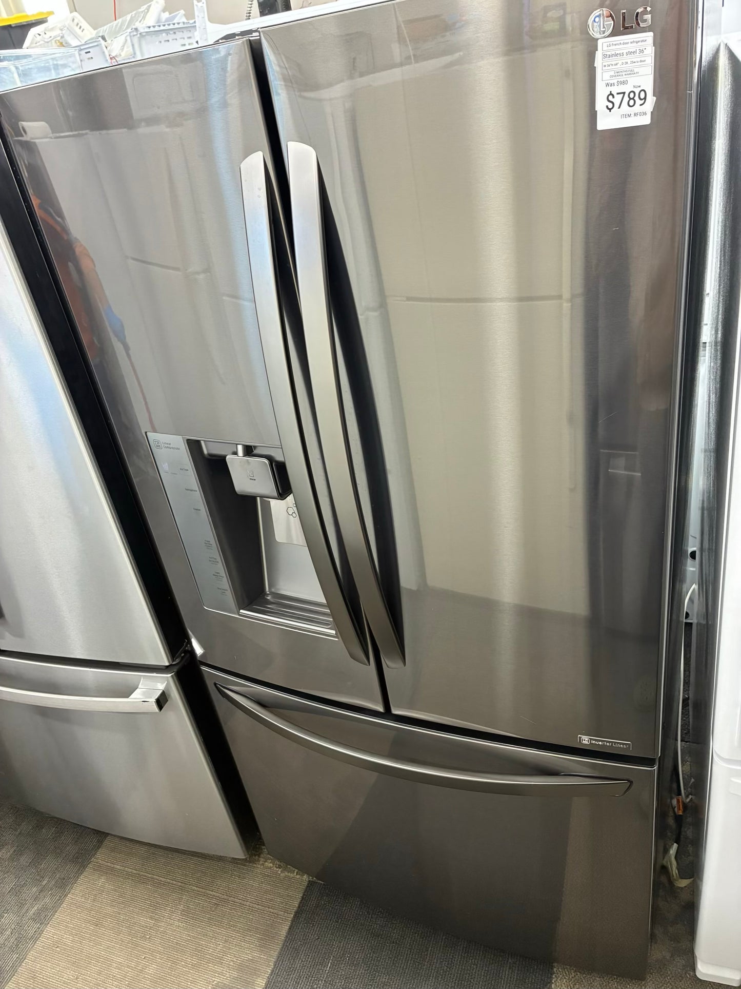 LG French door refrigerator stainless steel 36” ice maker water dispenser counter depth