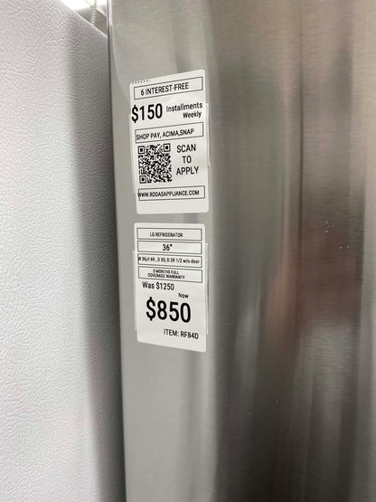 - Item: #RF84D  LG French door refrigerator stainless steel w/water ice dispenser 36 in.