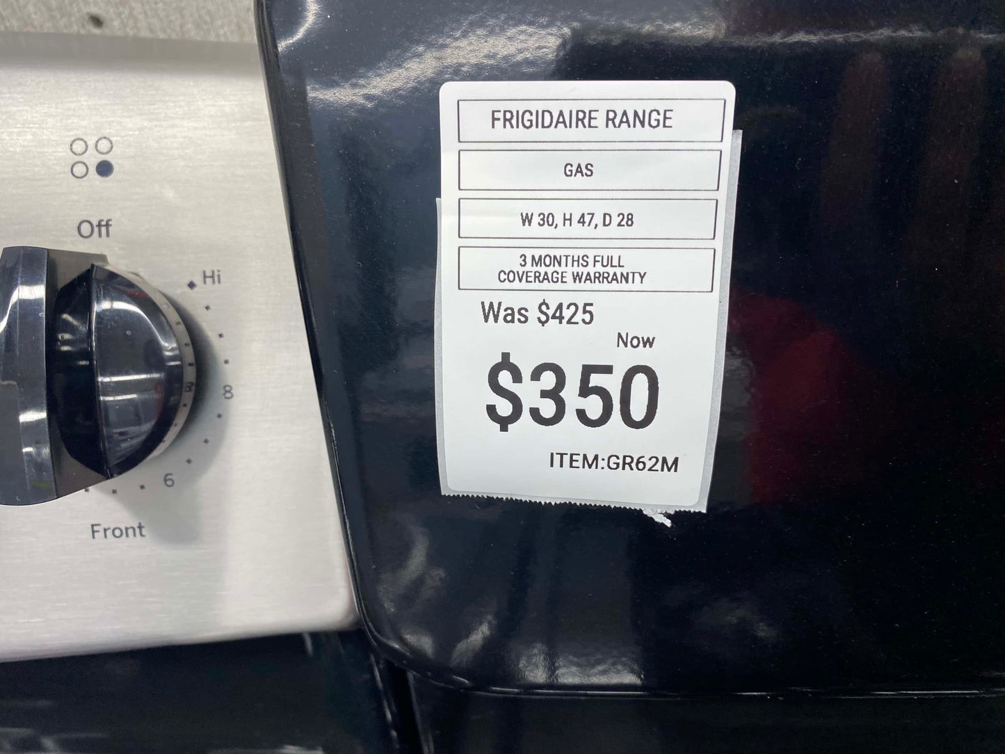 ITEM #GR62M Frigidaire gas range black 4 burner 30” in