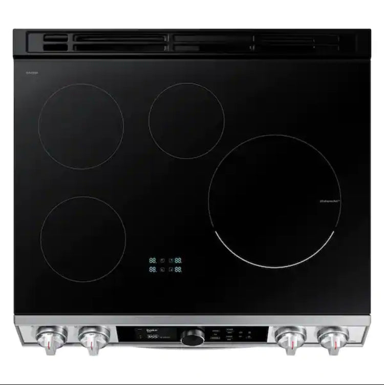 ¶ Samsung Open Box 6.3 cu. ft. 4-Burner Slide-In Electric Induction Range with Air Fry in Fingerprint induction Resistant Stainless Steel 30” in .