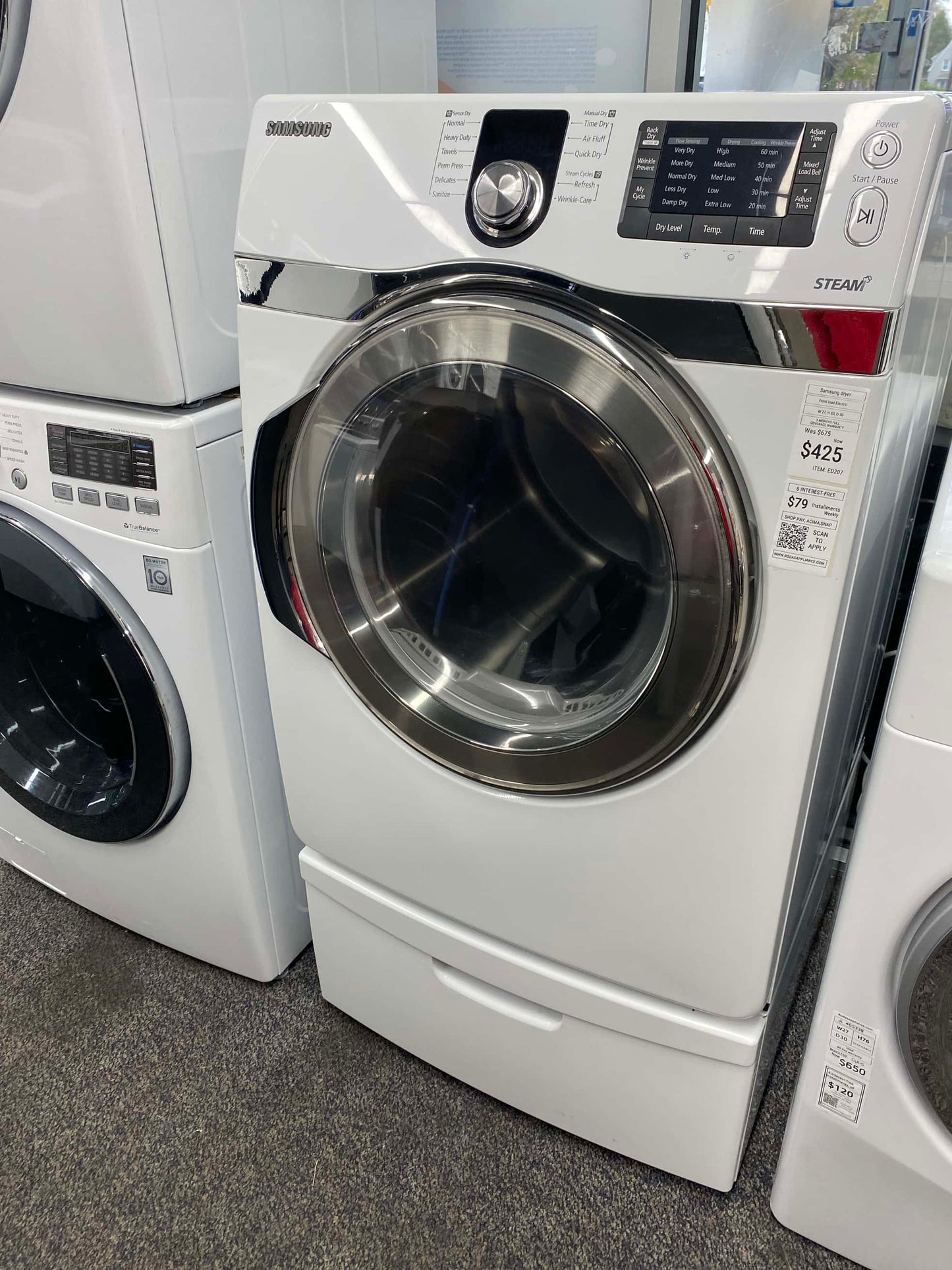 ITEM: #ED207 Samsung front load electric dryer 220v large capacity stackable 27” w/pedestal