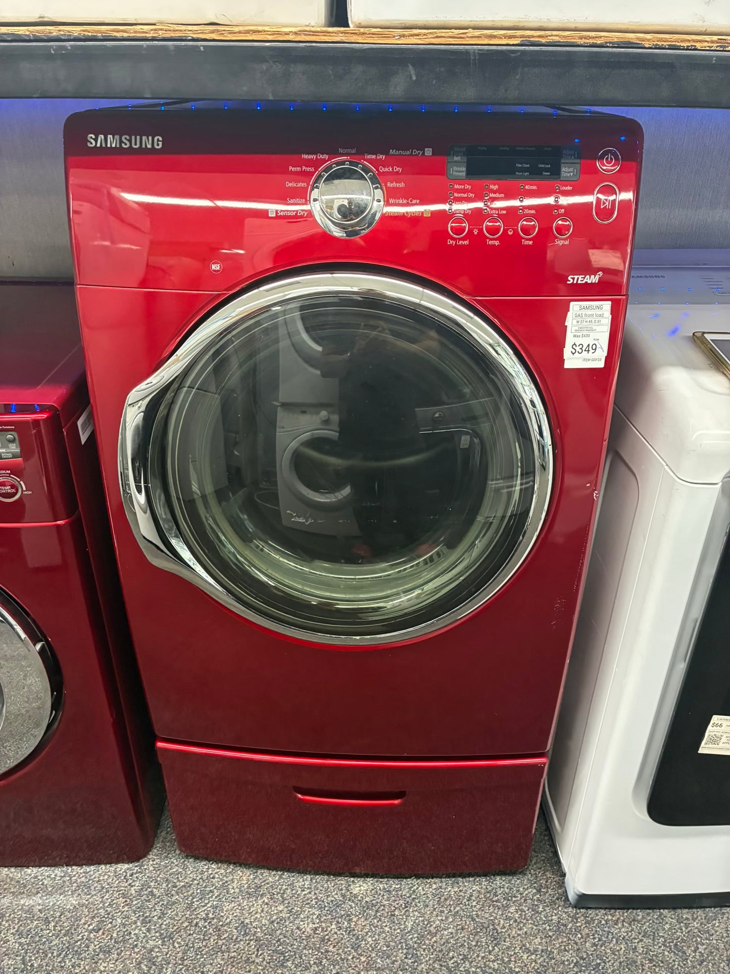 Samsung gas dryer 27” large capacity red with pedestal